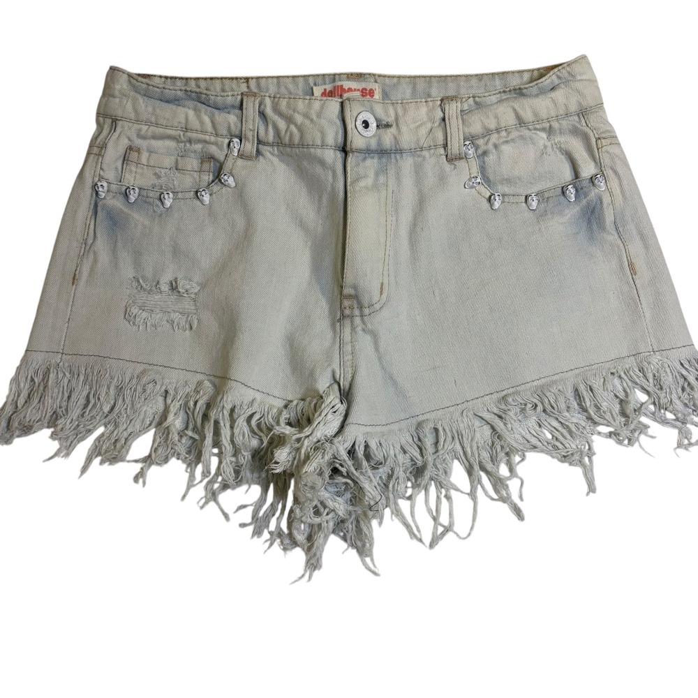 Dollhouse Womens‎ Denim Shorts Size 7 Skull Fringe Distressed Mid-Rise